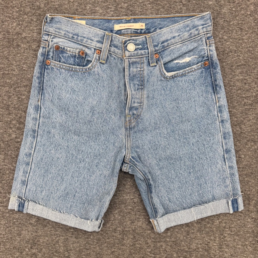 Levis Premium Wedgie Straight Denim Shorts‎ Light Wash Blue Button Fly Size 25